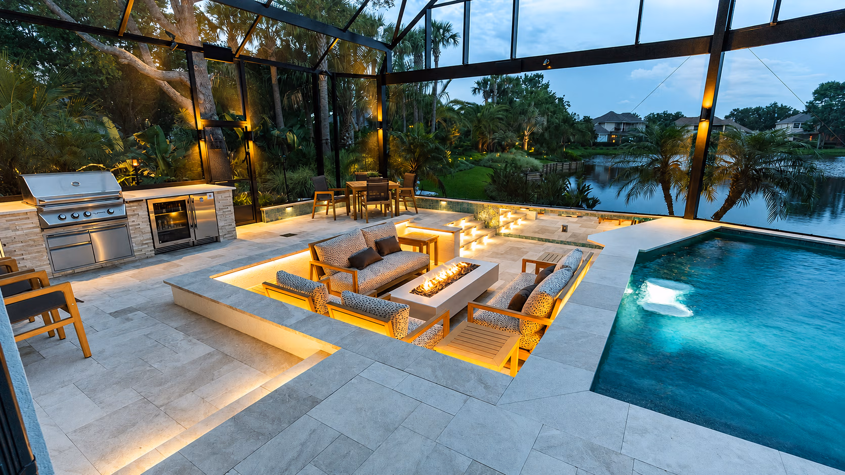 Modern outdoor patio with sunken fire pit seating, pool, barbecue grill, and glass enclosure by a lake.