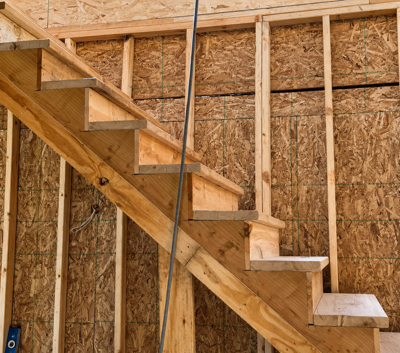 Wooden staircase under construction inside unfinished framed wall with plywood sheathing.