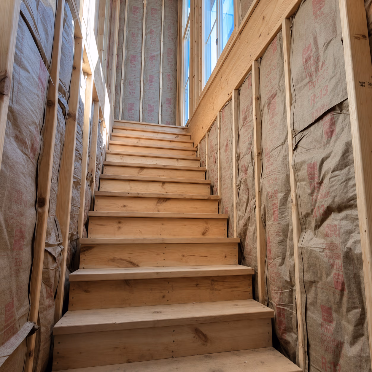 Unfinished wooden staircase with exposed wall insulation and windows letting in sunlight.