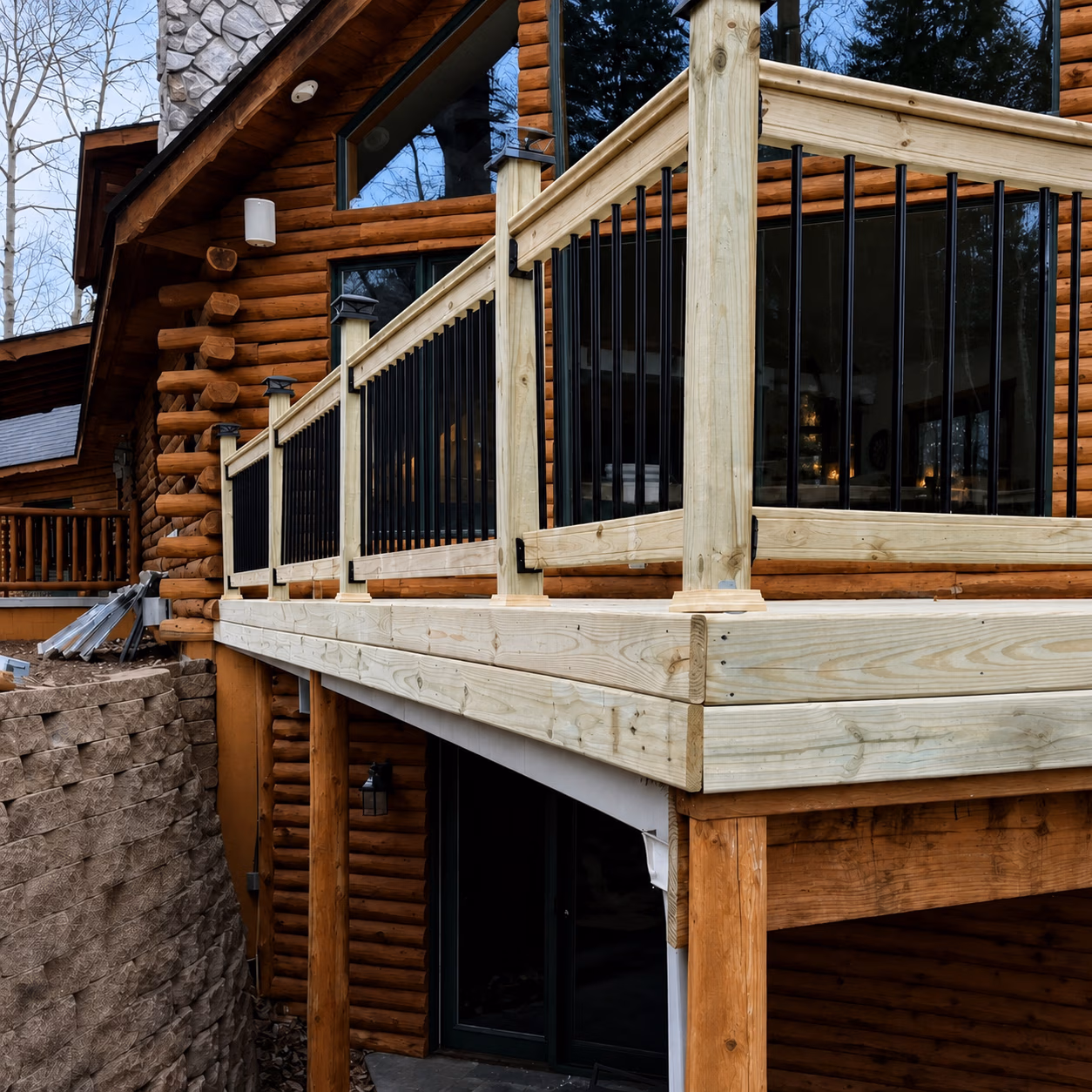 New wooden deck with black metal railing attached to large log cabin house with stone chimney.