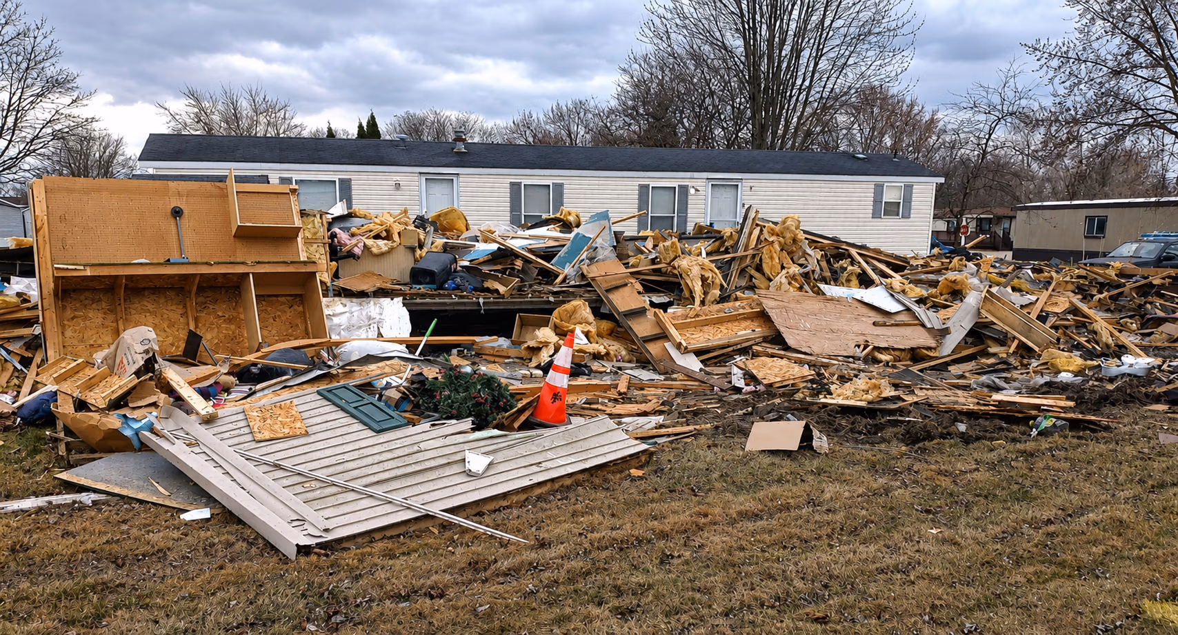 Pile of demolished house debris including wood, insulation, and siding in front of a mobile home.