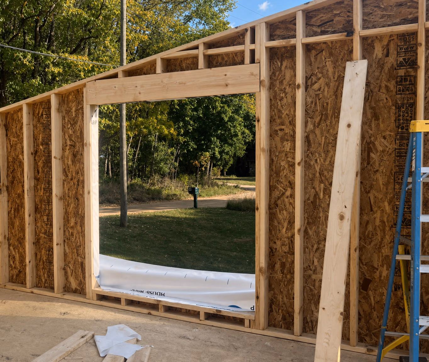 Wood frame of a house under construction showing a window opening with trees outside.