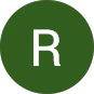 White letter R on a dark green circular background.